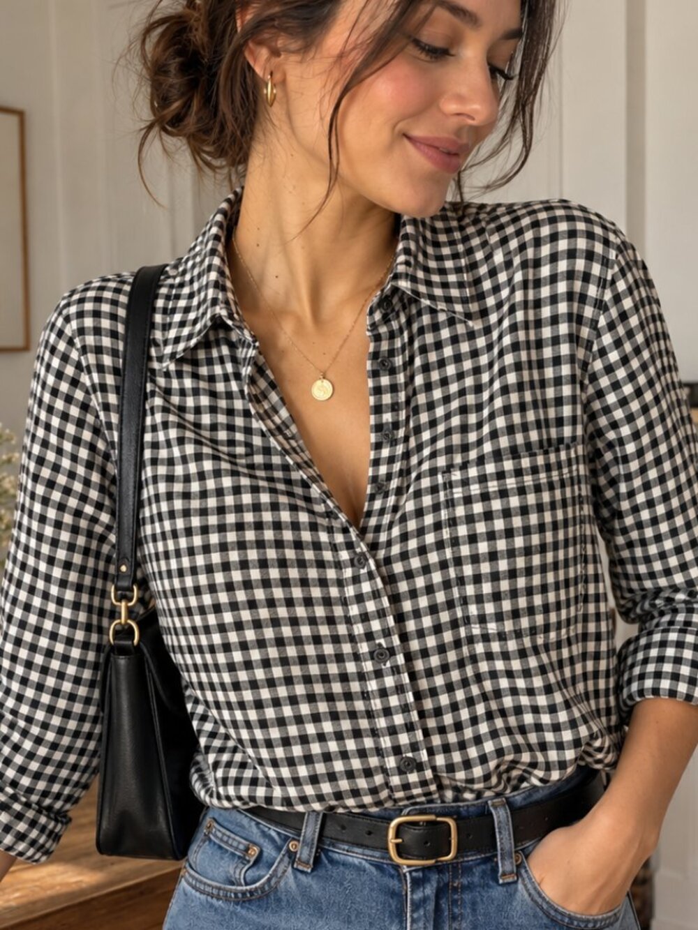 Joe Fresh Black & White Gingham Cotton Button Down Shirt L